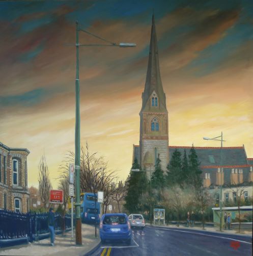 Painting by KRG, Harrington Street Church near garda Club. Dublin